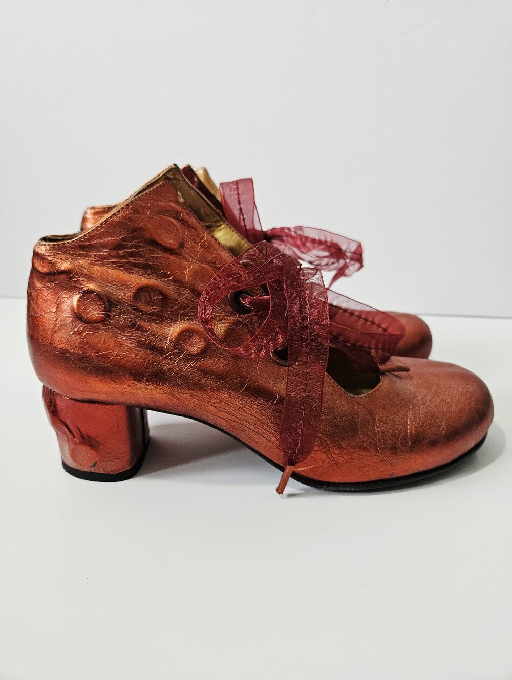 Papucei Copper Metallic Leather Heels Size 40 US 9 Ribbon Tie Artsy Boho